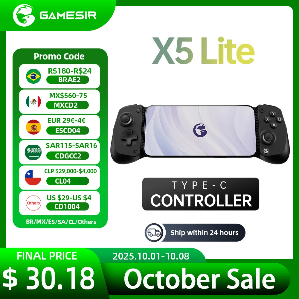 GameSir X5 Lite Type-C Android/iOSモバイルゲームコントローラー、モバイルゲームパッド、可動式Type-Cポート、交換可能なシリコンパッド