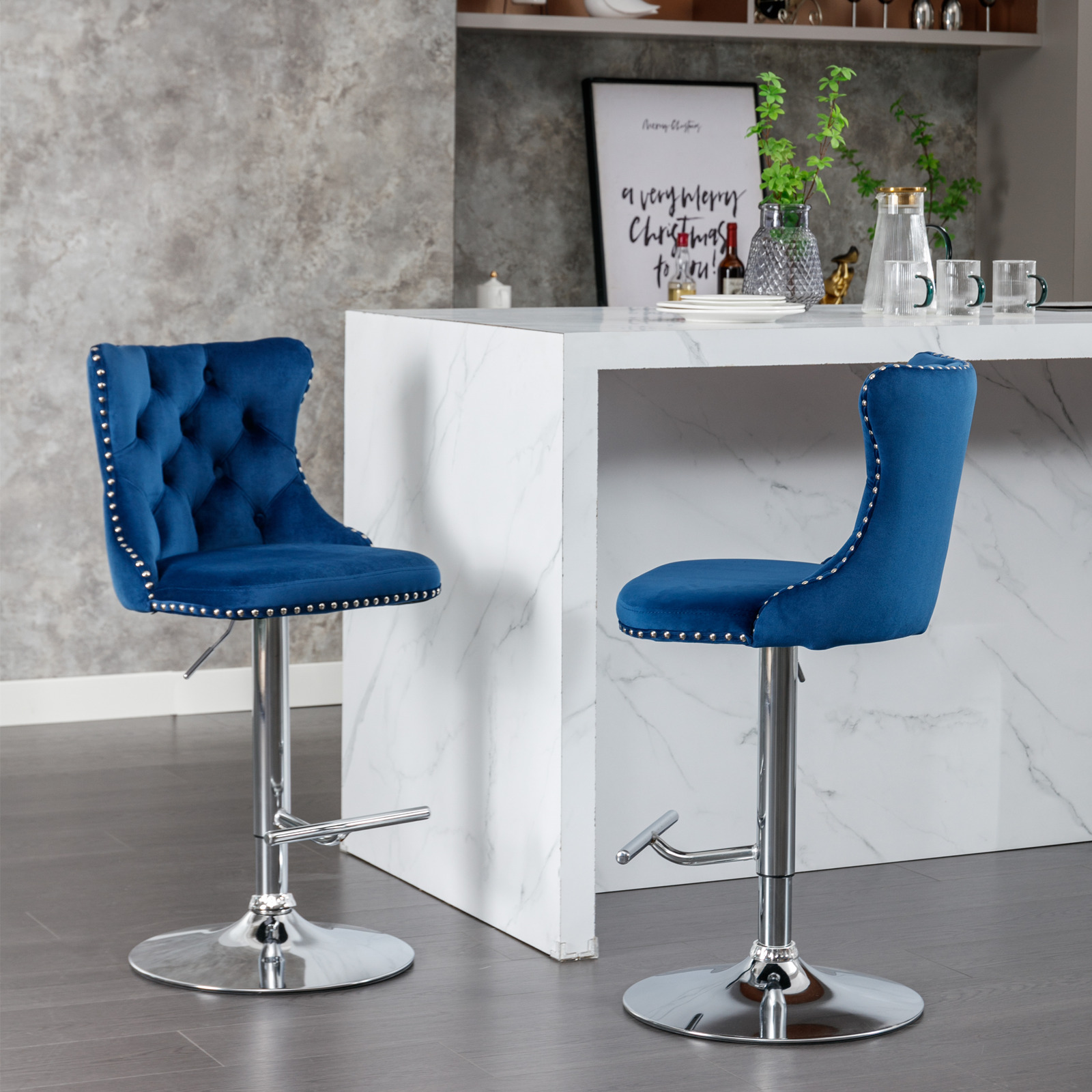 2PCS Swivel Velvet Bar Stools Counter Height Adjusatble Seat 360 ° Rotation Modern Soft Chairs for Home Kitchen Cafe Pub