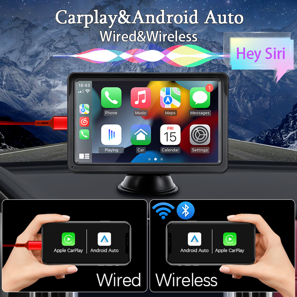 HIPPBQCC-Lecteur vidéo de voiture Android CarPlay, écran tactile portable, USB, AUX, caméra de recul, limitation de l'autoradio, 7 pouces