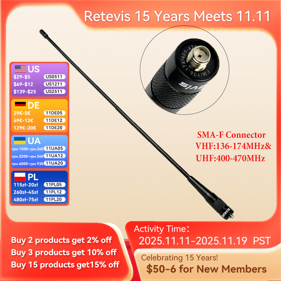 Retevis RHD-771 RT5R Walkie-Talkie-Antenne SMA-F RHD-771 VHF UHF Dual Band für Baofeng UV 5R 144/430 MHz Quansheng UV K5 UV K6