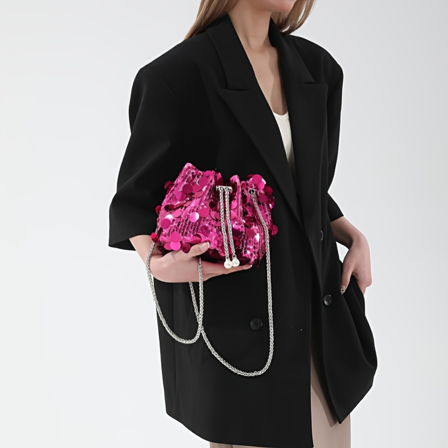 Sequin Bucket Bag with Tassel Chain Strap for Party & Evening