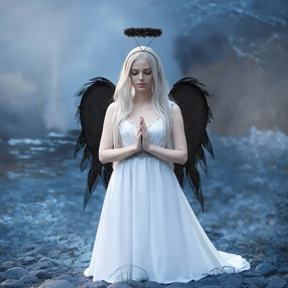 2025 Neue Halloween Schwarz Weiß Organza Engelsflügel Realistisches Cosplay Kostüm Zubehör für Party Tanz