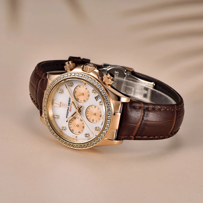 PAGANI DESIGN Damen-Automatik-Quarzuhr, luxuriös, Saphirglas, Leder, wasserdichte Uhr, multifunktionales Chronometer für Damen