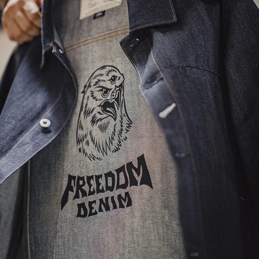 Maden jaqueta vintage de denim pesado 16,5oz com colarinho dobrável, design liso, abotoamento simples e impressão interna, 100% algodão, jaqueta masculina para primavera e outono