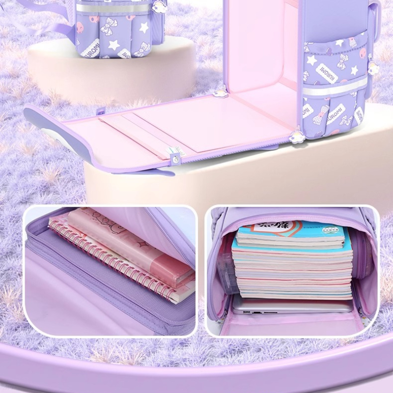 Sanrio의 새로운 Kuromi Schoolbag 1-3-6 학년 초등학생 대용량 대학생 배낭 Kawaii Girls 부담 감소