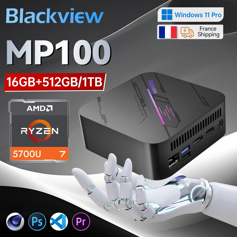 Blackview MP100 Mini PC AMD R7 5700U 16GB DDR4 512GB/1TB SSD WiFi 6 Windows 11 AMD 8 Kernen 16 Threads Mini Computer PC BT5.2