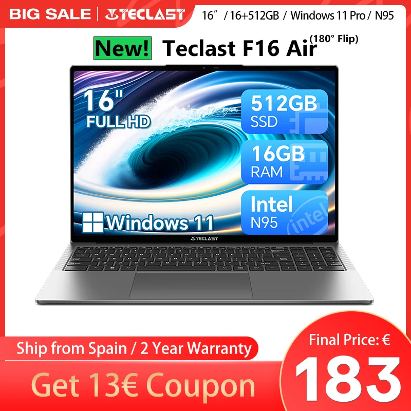 Teclast F16AIR 16 -INCH -Laptop, 180 Grad, 16 GB + 512 GB, für den Intel N95, Windows 11, Mini HDMI, eine Tastatur mit Hintergrundbeleuchtung