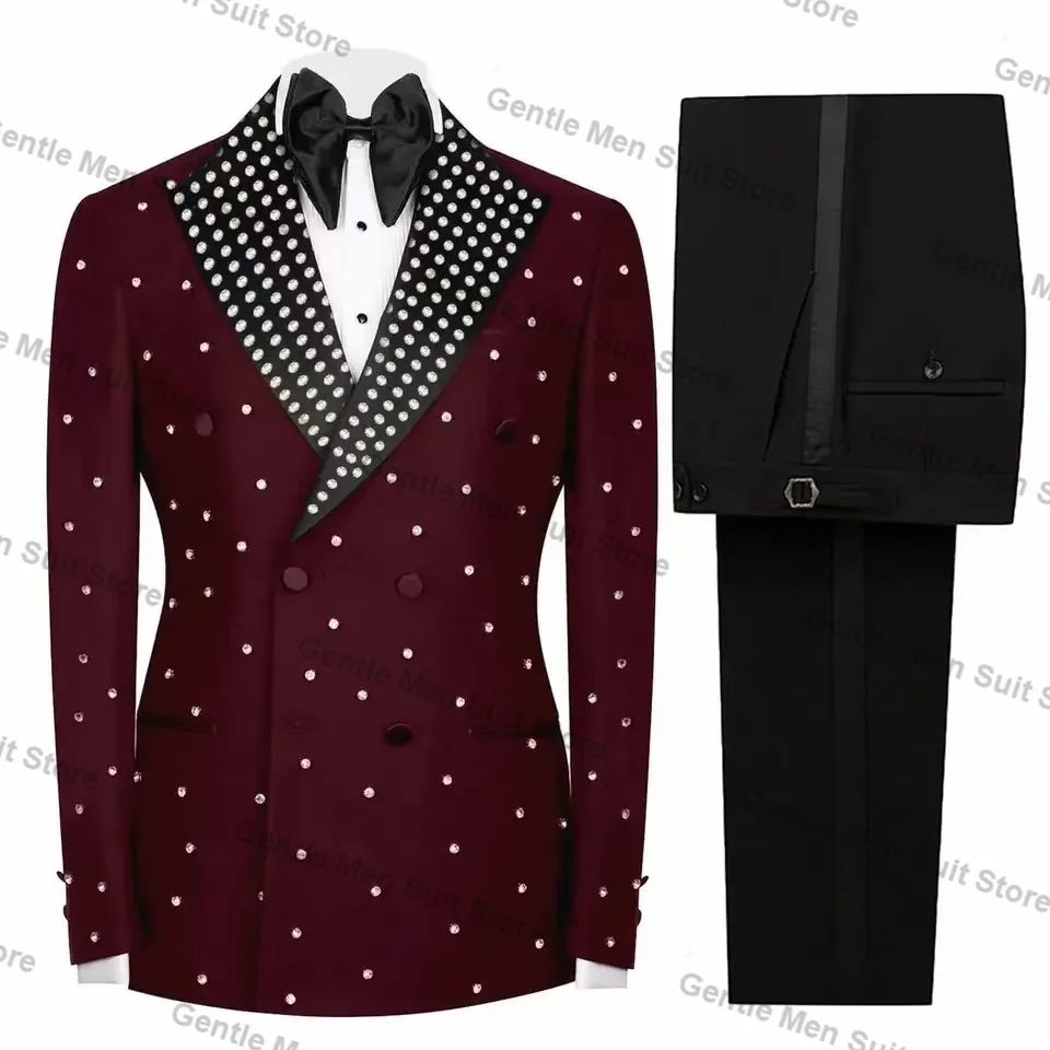 Burgundy ผู้ชายชุด 2 ชิ้นเสื้อ + กางเกงคริสตัลหรูหราพรหมงานแต่งงาน Tuxedo Coat Custom Made สํานักงานอย่างเป็นทางการเสื้อกางเกง