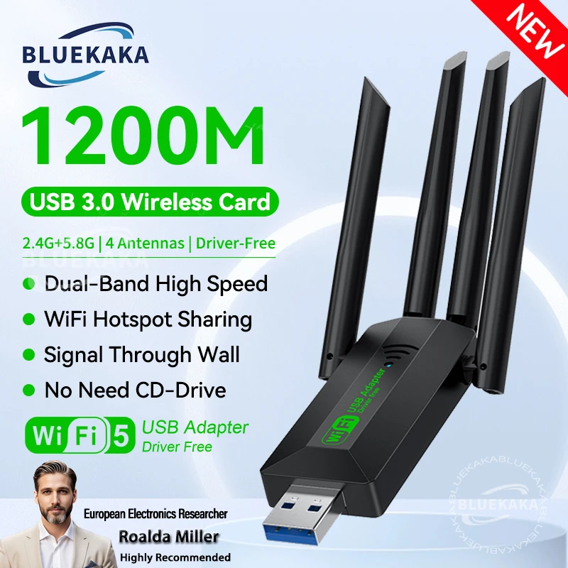 Adaptador WiFi USB 3,0 de 4 antenas, 1200Mbps, 2,4G/5GHZ, Dongle WiFi de doble banda, receptor inalámbrico, tarjeta de red para PC/portátil Win 10/11
