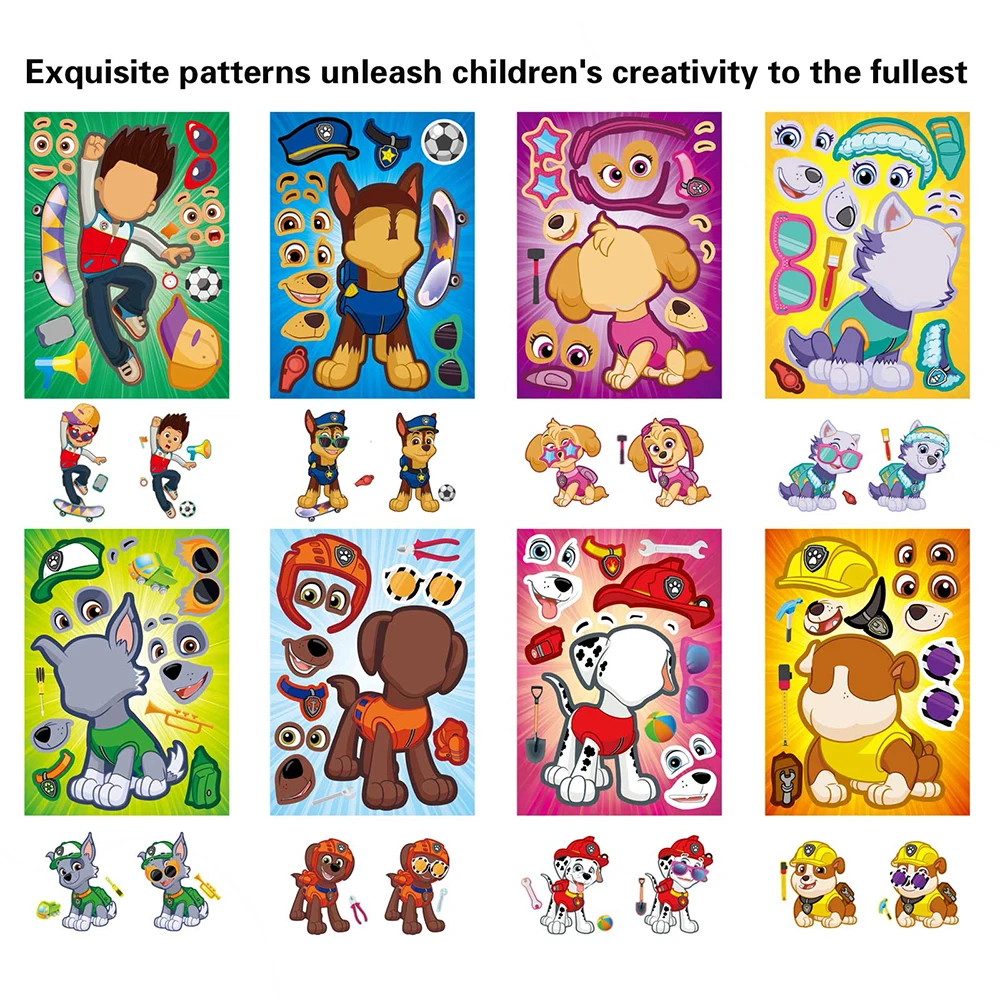 8/16 แผ่น PAW Patrol ปริศนาสติกเกอร์เด็ก Make a Face Ryder Chase ตลกอะนิเมะประกอบจิ๊กซอว์เด็ก DIY เกมปาร์ตี้ตกแต่ง