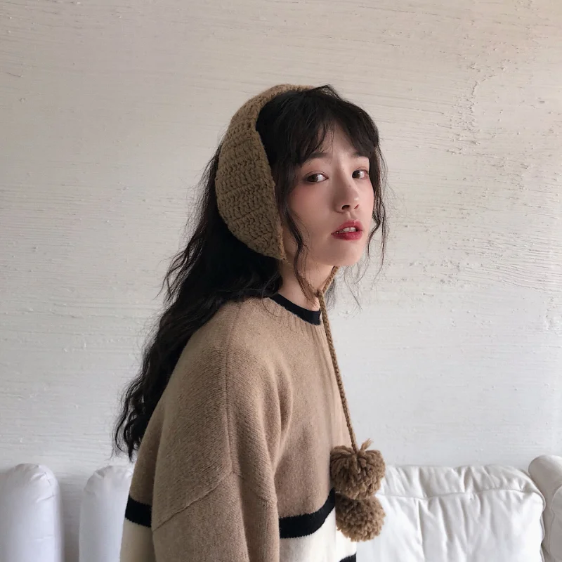 Ins 귀여운 타이드 니트 이어 백, 부드러운 자매 스트랩, 귀 보호, 따뜻한 벨벳 귀마개, 여성 레트로, 가을 및 겨울