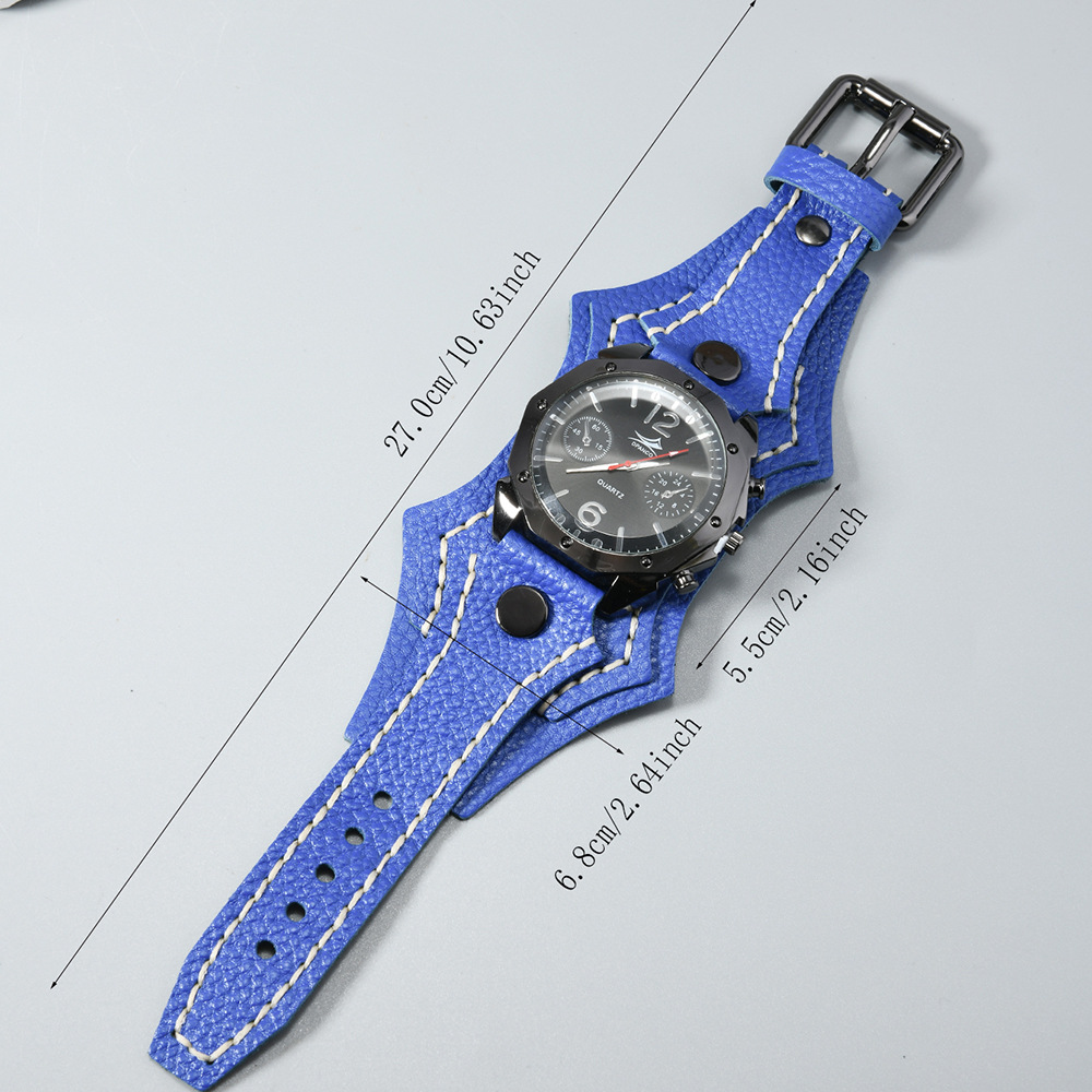Relógio masculino de quartzo com mostrador grande estilo punk rock vintage multicamadas costurado à mão com pulseira de couro