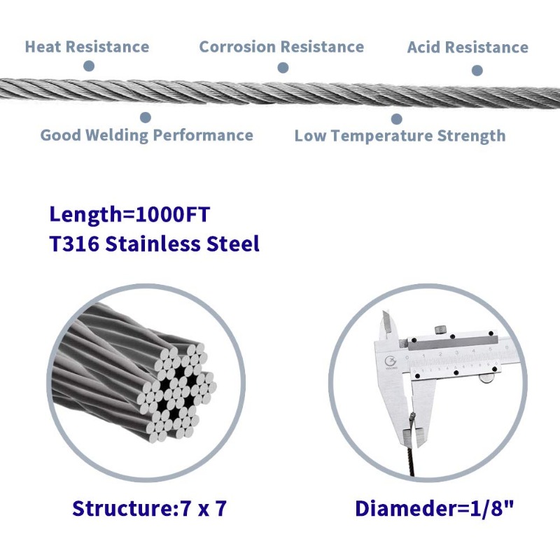 Stainless Steel Cable, Wire Rope Aircraft Cable for Deck Cable Railing Kit, 7 x 7 Strands Construction,DIY Balustrades