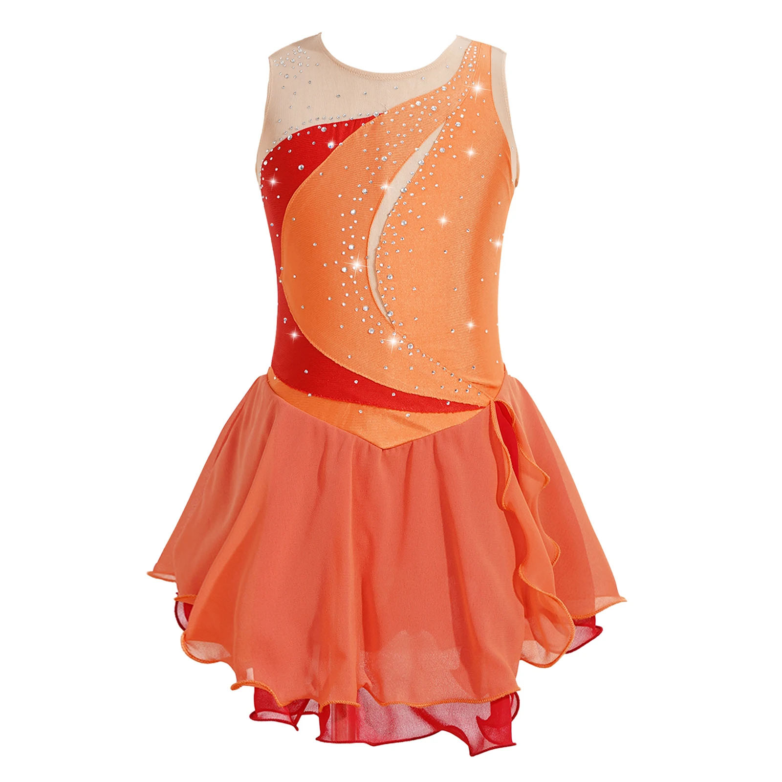 Ärmelloses Eiskunstlaufkleid für Kinder und Mädchen, Strass, durchsichtiges Mesh-Tutu, Trikotkleid, Gymnastik, Tanz, Performance-Kostüm