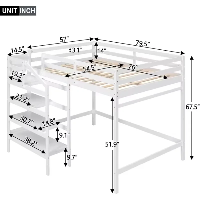Full Size Loft Bed with Stairs and Hanging Rod, Wooden Full Loft Bed Frame with Storage Shelf (Full, White)