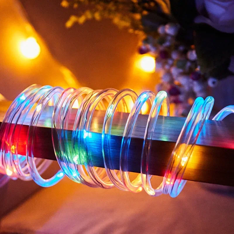 Stringa luminosa a tubo solare da 200 LED 8 tipi di luce esterna impermeabile in filo di rame bianco caldo per luci decorative da giardino