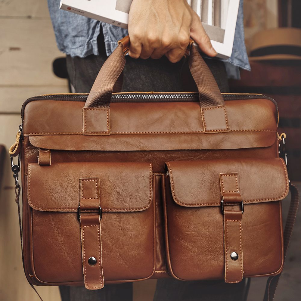 Nesitu Brown Black A4 Genuine Leather 14'' Laptop Executive Office Men Briefcase Portfolio Business Messenger Bag M6391