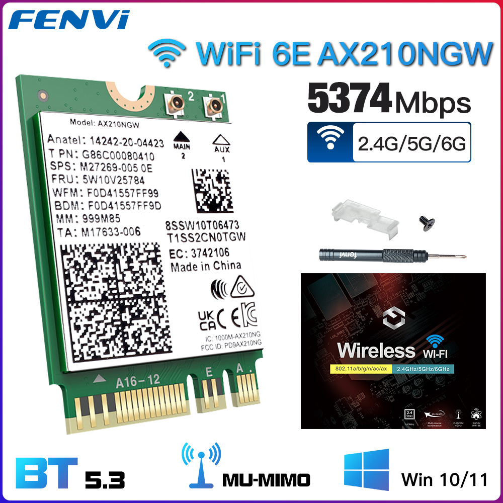 Tarjeta FENVI WiFi 6E AX210NGW 5374Mbps 2,4G/5G/6GHz M.2 tarjeta de red inalámbrica para Bluetooth 5,3 802.11AX para ordenador portátil Win 10/11