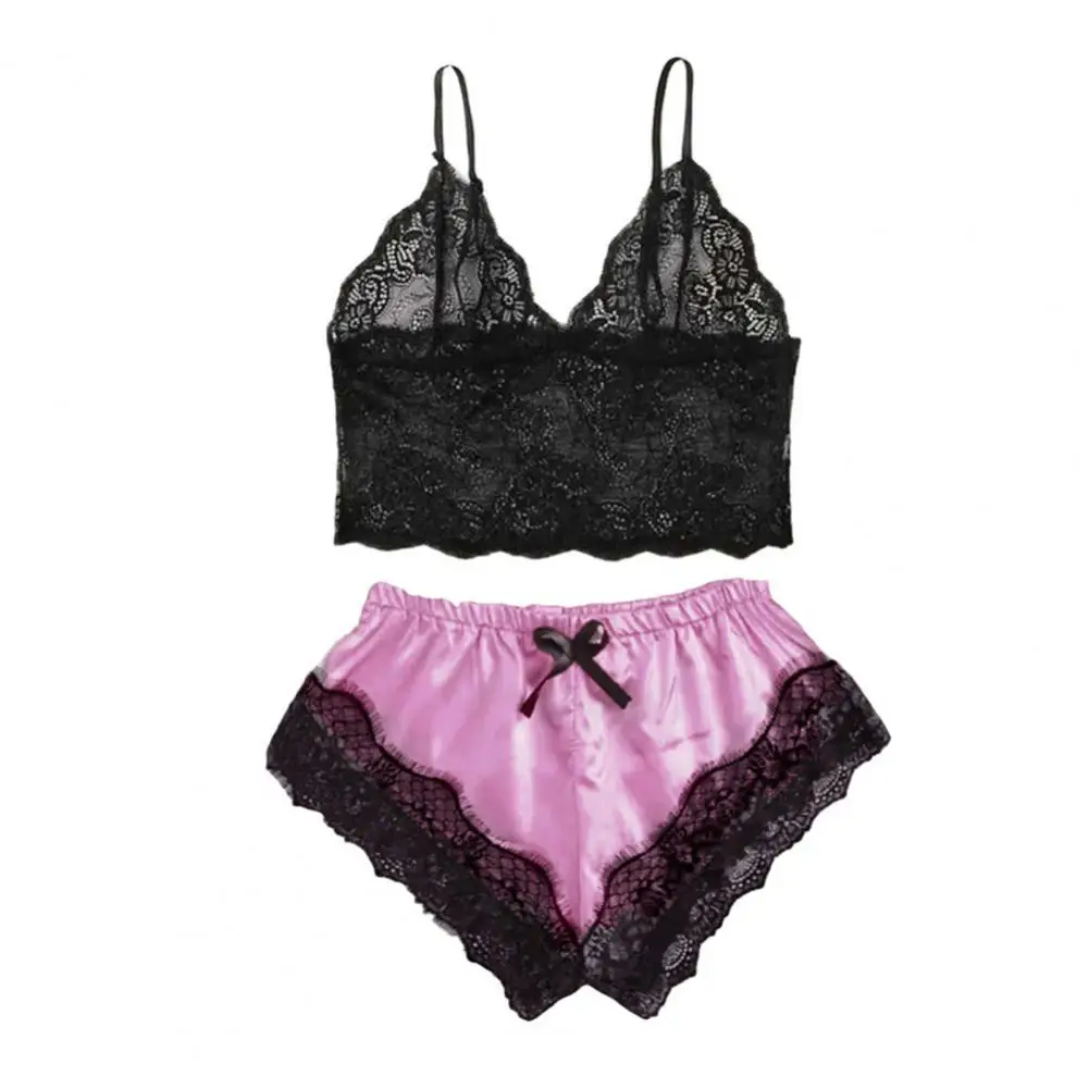 Shorts de spaghetti feminino, conjunto elástico de pijamas, camisola feminina monocromática, pijamas com renda