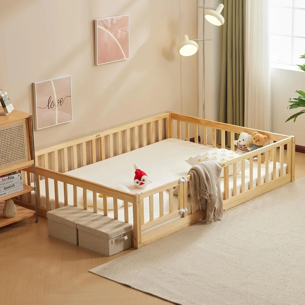 home Toddler Floor Bed with Door and Fence for Kids, Montessori Bed with 12 Slats and Safety Guardrails, Kids Bed Solid Wood