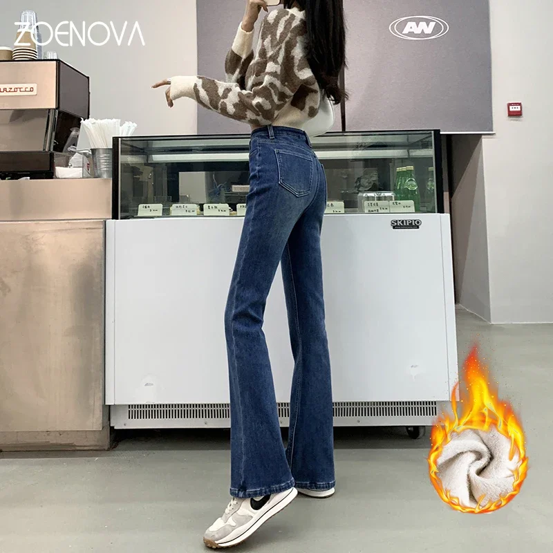 ZOENOVA 2023 フリース Wwarm フレアジーンズパンツ女性ヴィンテージデニムジーンズレディースセクシーな腹部ウエストファッションストレッチパンツ綿 100%