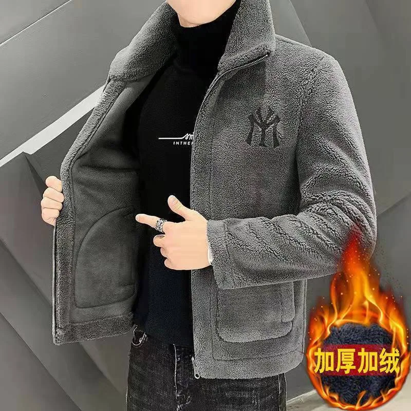 2024 novo outono/inverno novo casaco de lã de cordeiro masculino gola alta na moda com lã grossa casaco de algodão masculino na moda