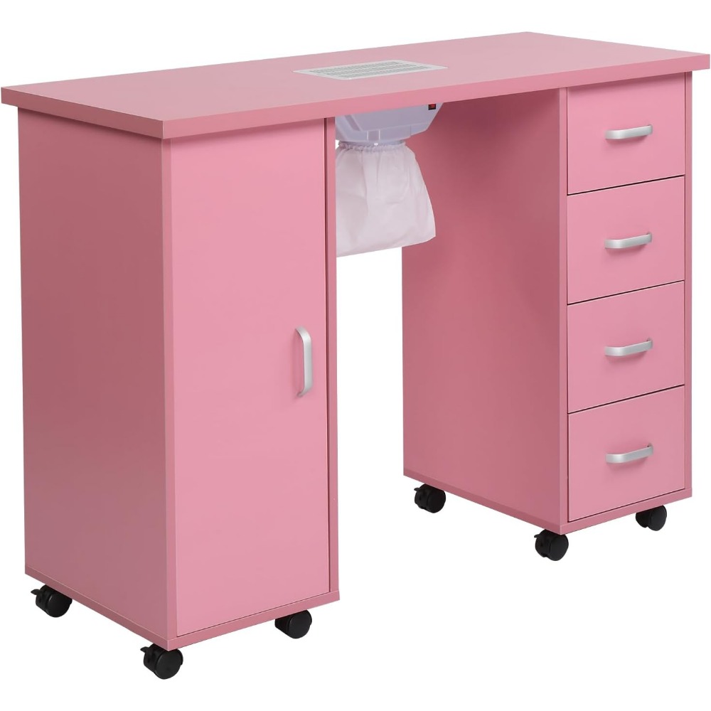 Manicure Nail Table Station, Salon Spa Nail Desk with Electric Downdraft Vent, Locking Castors, 2 Layers Storage Cabinet