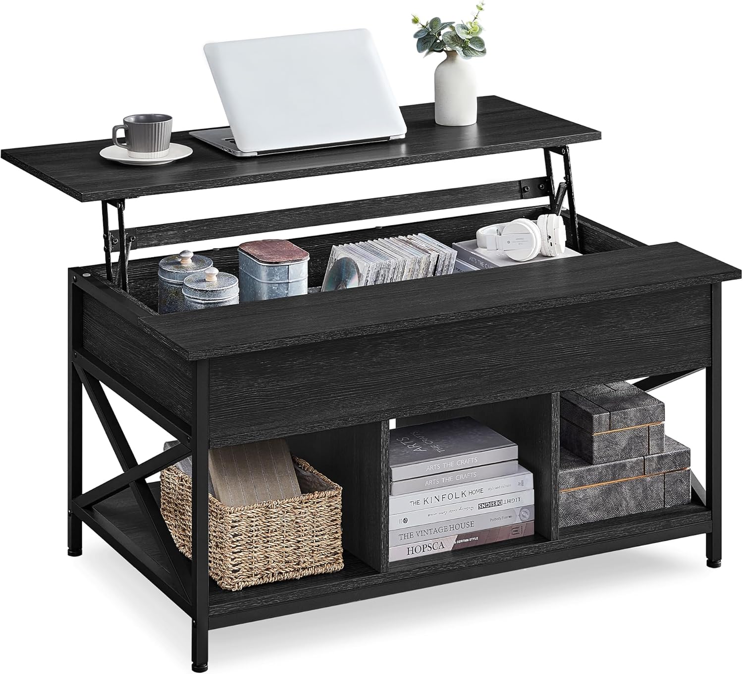 Couchtisch, höhenverstellbarer Wohnzimmertisch, Kaffeetisch, X-Streben, 60 x 100 x (48-62) cm, Kamelbraun-schwarz LCT205K50