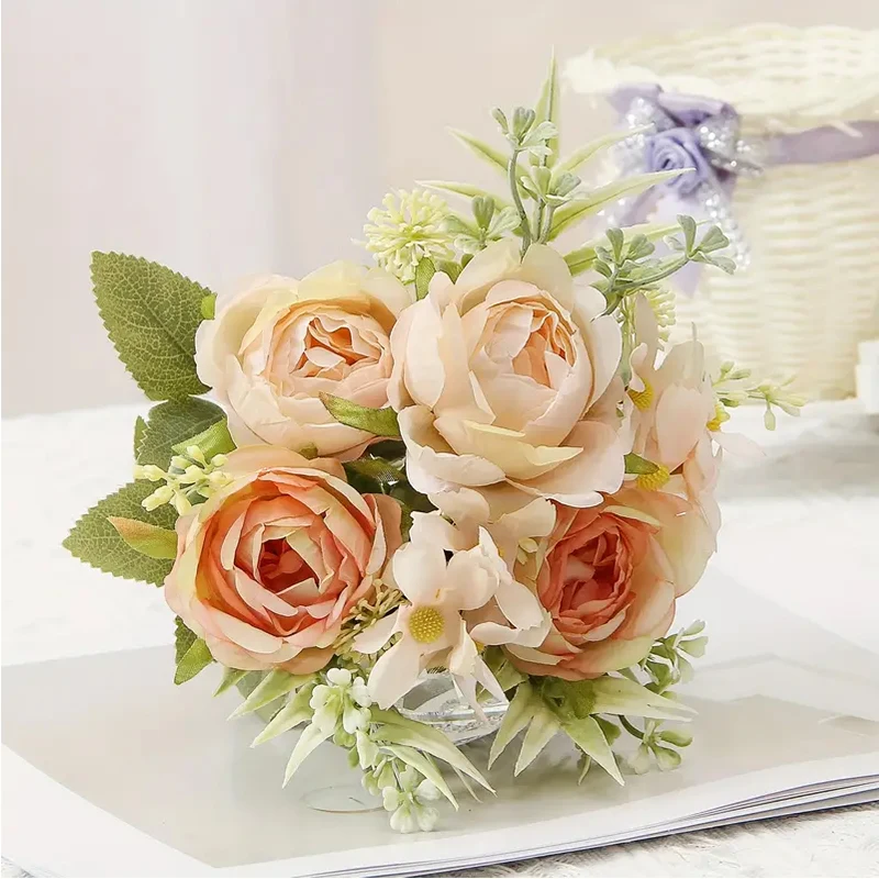 Bouquet di fiori di peonia artificiale, fiori primaverili estivi finti all'aperto, bouquet di fiori finti al tocco reale, festa di nozze