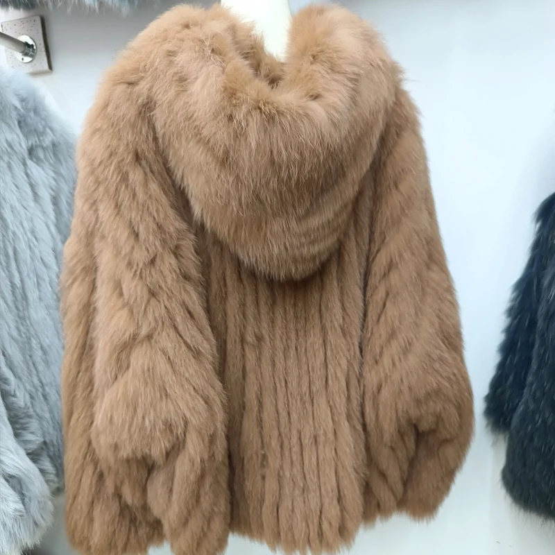 Tira de pele dupla face costurada toghter pele de raposa real weavin casacos com capuz feminino importado jaquetas grossas urso branco roupas quentes