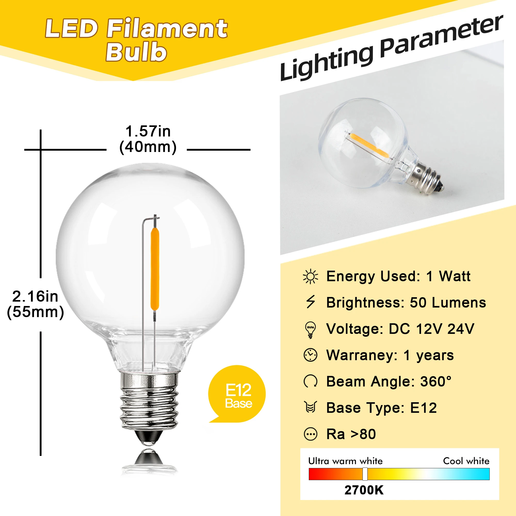 G40 Low Voltage DC12V 24V Led Light Bulbs 1W E12 Retro Plastic Replace Bulb For Off-Grid Solar String Light Battery Camping RV