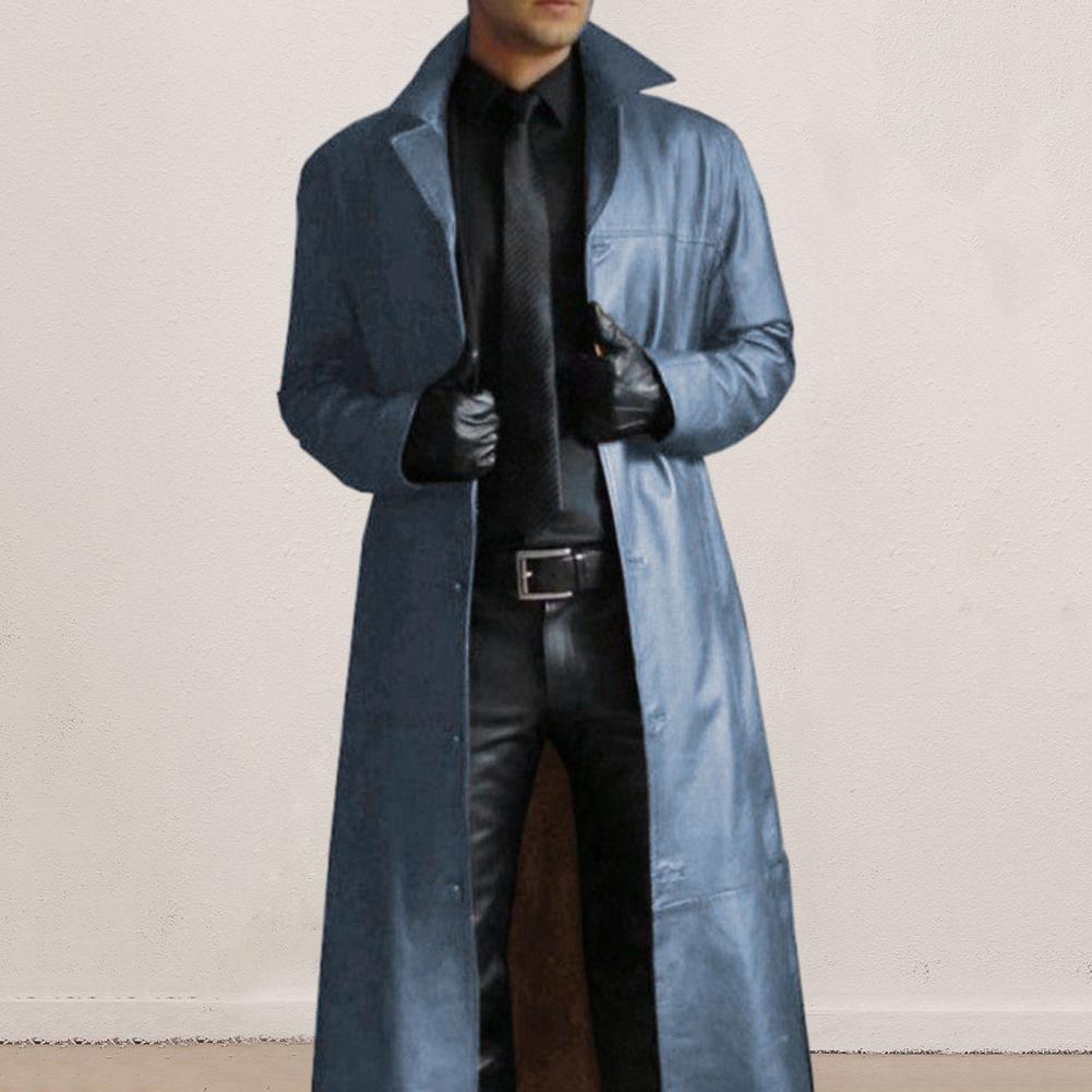 Abrigo largo de piel sintética para hombre, gabardina elegante de piel sintética con cuello vuelto, chaqueta de calle resistente al viento para corte ajustado
