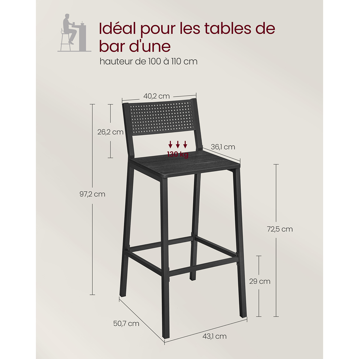 Tabourets De Bar, Lot De 2, Sièges Cuisine, Style Industriel, Gris Anthracite Et Noir