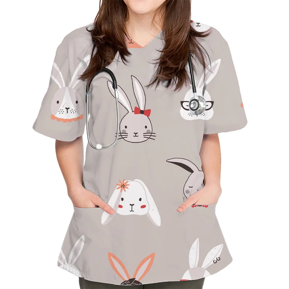 Uniforme médical de gIslande à col en V imprimé lapin mignon de dessin animé pour femmes, poche patchée, manches courtes, générateurs de soins infirmiers en Y