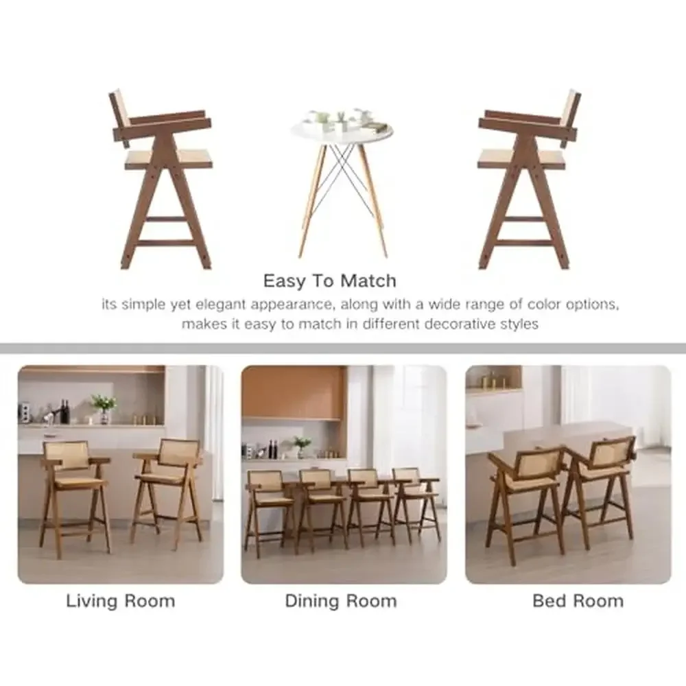 Set of 4 Wooden Farmhouse Barstools with Rattan Woven Back/Arms Kitchen Island Chic Boho Design High-Quality Materials Ultimate
