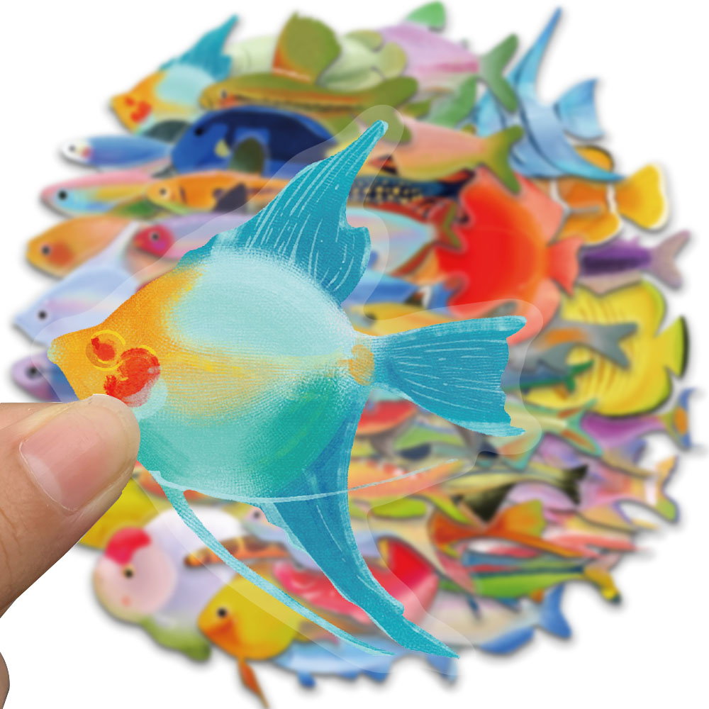 50PCS ปลาโปร่งใสสติกเกอร์แล็ปท็อปรูปลอกห้องนั่งเล่นสมุดภาพสเก็ตบอร์ดกระเป๋าเดินทาง Art กันน้ําโทรศัพท์สติกเกอร์ Graffiti