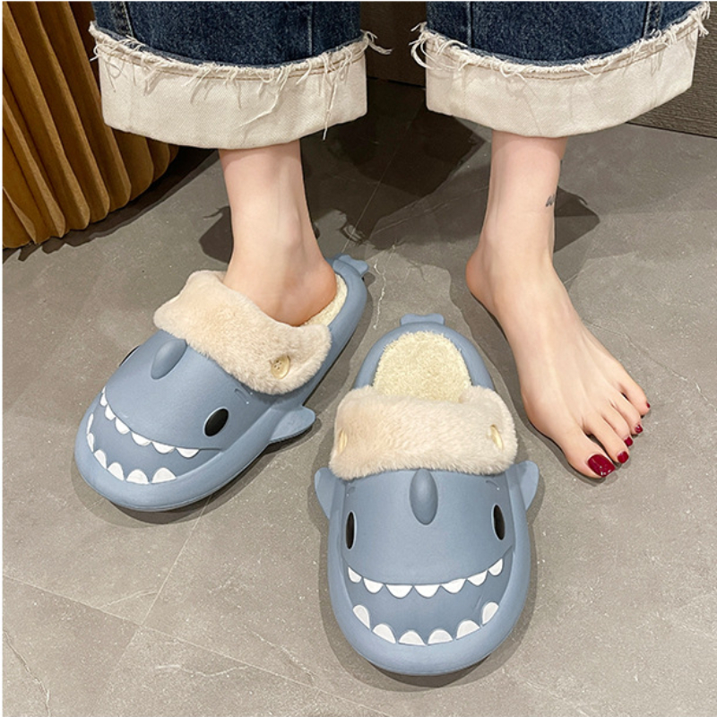 Chinelos de algodão tubarão mulher à prova dwaterproof água inverno interior antiderrapante slides de pelúcia casa quente casal tubarão flip flops sandálias sapato plano