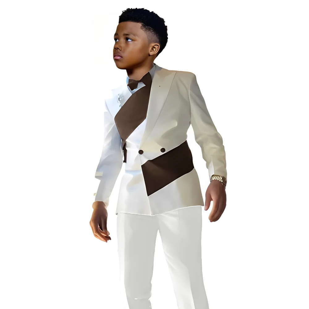 Satijnen jongenspak 2-delige set witte jas met dubbele rij knopen en broek bruiloft smoking kinderen voor 2-16 jaar oude jongen slim fit pak