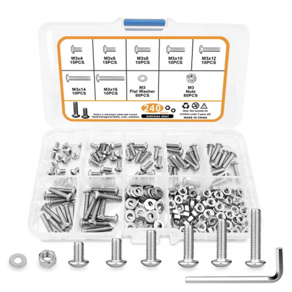 240Pcs M3 Hex Head Screws, M3x4/6/8/10/12/14/16mm Button Head Stainless Steel Internal Hexagon Screw Washer Nut Set