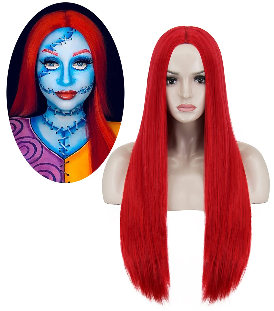 Peluca roja Sally disfraz de Sally pesadilla antes de Navidad peluca sintética roja larga y recta pelucas de pelo para fiesta de disfraces de Sally