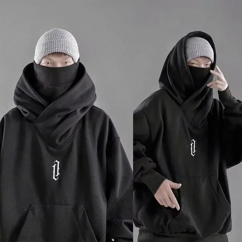 Sudadera con capucha de cuello alto con bordado de otoño para hombre, sudaderas con capucha de gran tamaño de Ninja japonés, ropa informal con bolsillo de lana de Hip Hop, Sudadera con capucha Y2K