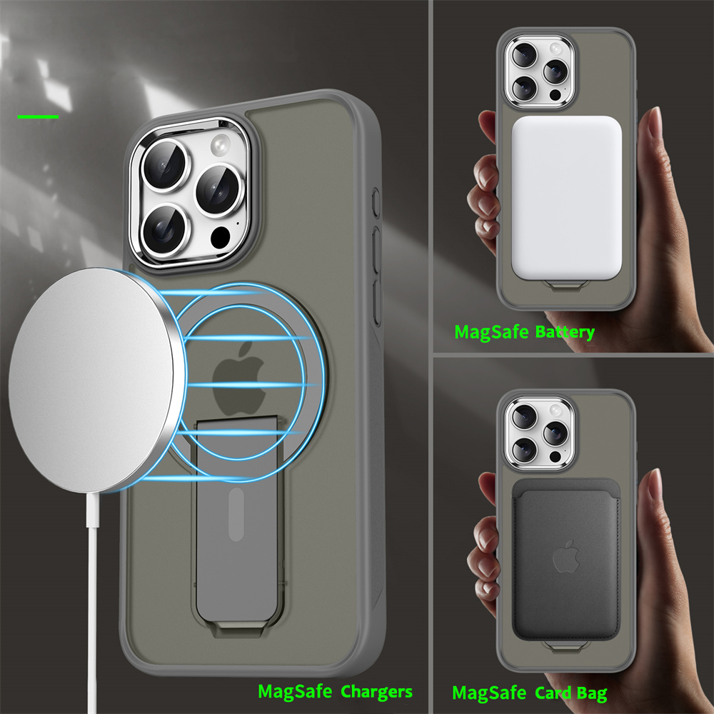 Funda de teléfono magnética con soporte plegable Magsafe de lujo para iPhone 16 15 14 Plus 13 12 11 Pro Max, tapas traseras translúcidas mate
