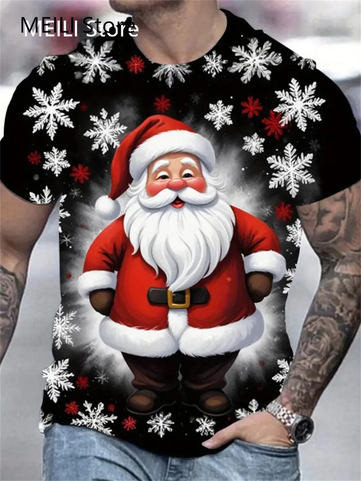 クリスマス 3D サンタクロースプリント Tシャツ男性カジュアル半袖 Tシャツファッション O ネックトップ新年ギフト特大 Tシャツ