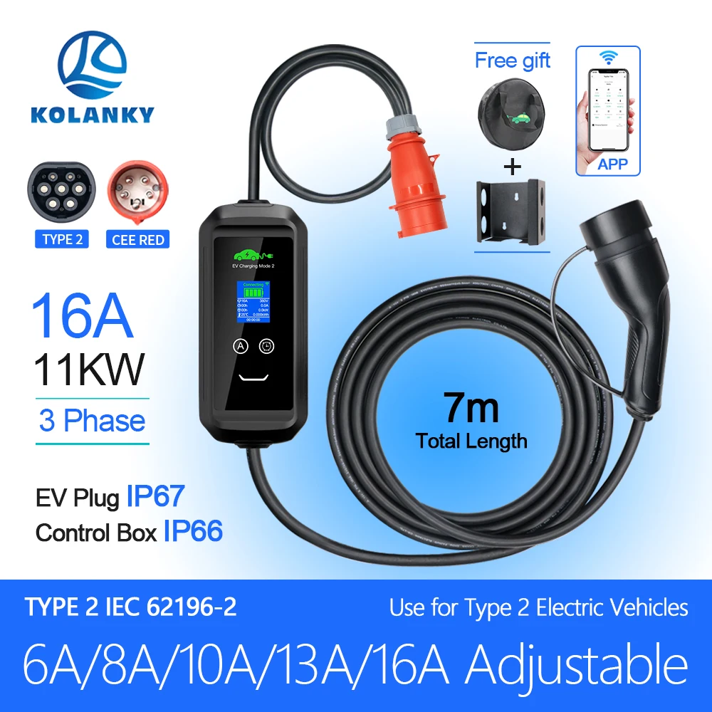 Kolanky-cargador EV portátil para coche eléctrico, Cable de carga EVSE, 11kW, 16A, 3 fases, tipo 2, aplicación Wi-Fi, Bluetooth, enchufe CEE de 7m