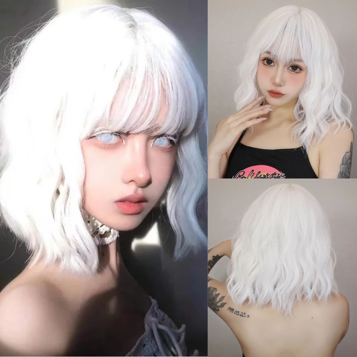 Curto encaracolado ondulado branco peruca sintética branco lolita peruca de cabelo com franja para mulheres natural cosplay festa dia das bruxas resistente ao calor