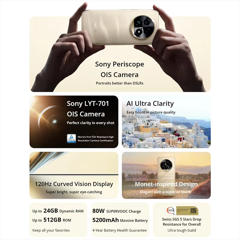 Globale Version Realme 13 Pro Plus 5G Smartphone Snapdragon 7s Gen 2 120 Hz gebogenes Sichtdisplay 80 W SUPERVOOC Charge AI Imaging