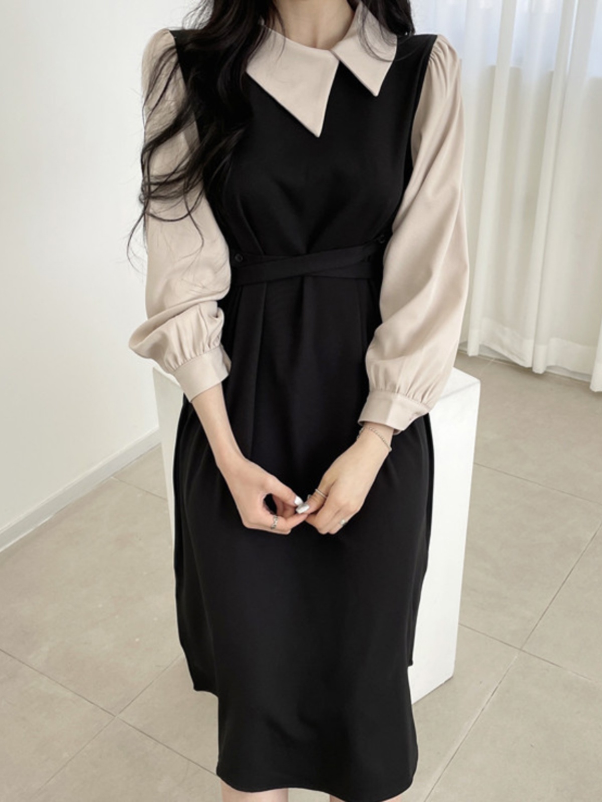 하이 엔드 Feelwomen의 긴 드레스 컬러 차단 슬리밍 우아한 퍼프 슬리브 a 라인 봄 가을 하이 웨이스트 여성 의류