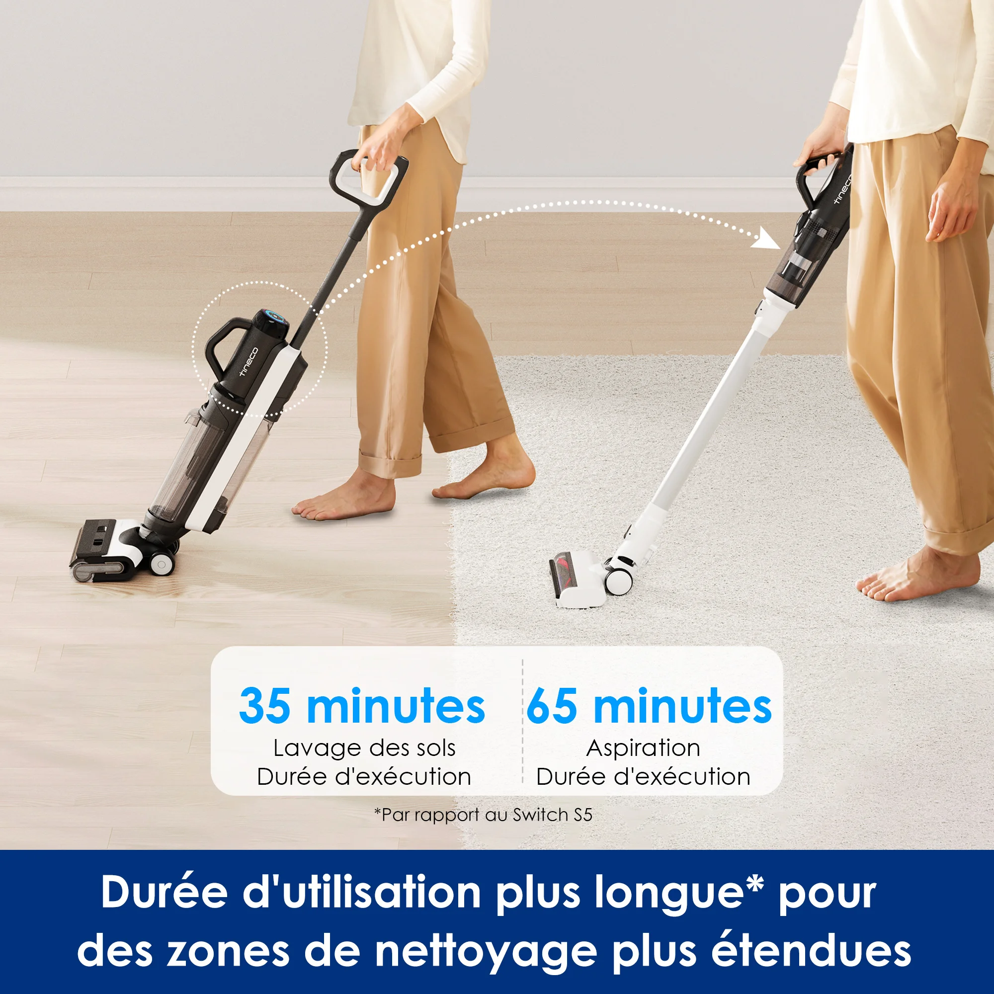 Tineco Floor One Switch S6 Nettoyeur de Sol, Aspirateur Eau et Poussière sans Fil 5-en-1, Séchage Flash en 5 Min, Auto-Nettoyage, Brosse ZeroTangle, Nettoyage Angles des 2 côtés