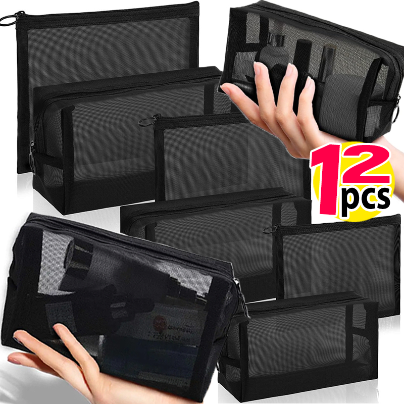 Bolsa de cosméticos de malla negra de viaje para mujer, bolsa de maquillaje con cremallera, neceser de lavado, organizador de maquillaje, bolsa de almacenamiento portátil, 1/12 Uds.