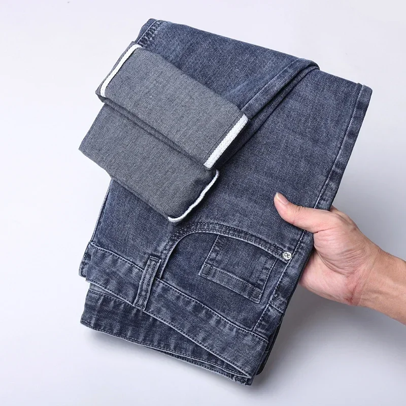 Pantalones vaqueros de pierna recta para hombre, vaqueros de corte elástico fino, holgados, verano, 2024